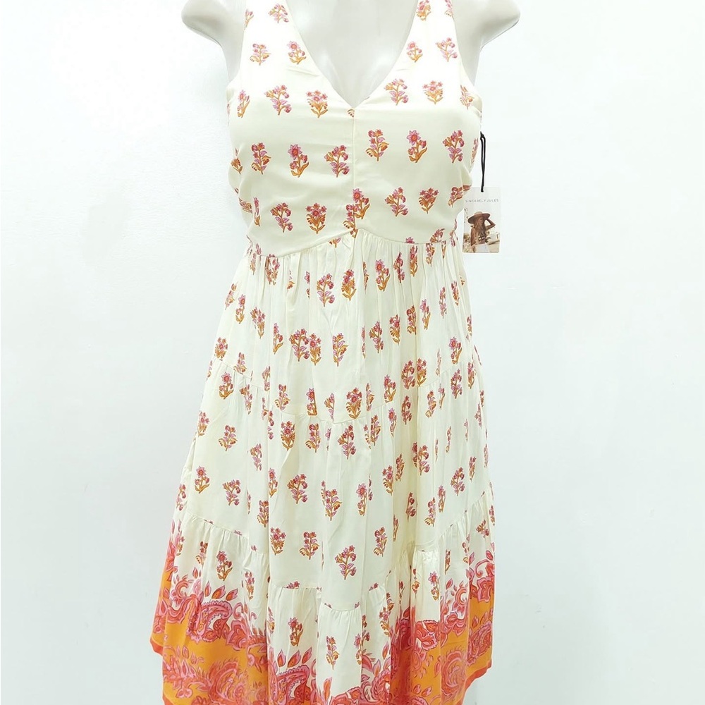 Sincerely Jules Floral V-Neck Tiered Summer Dress in Cream and Pink